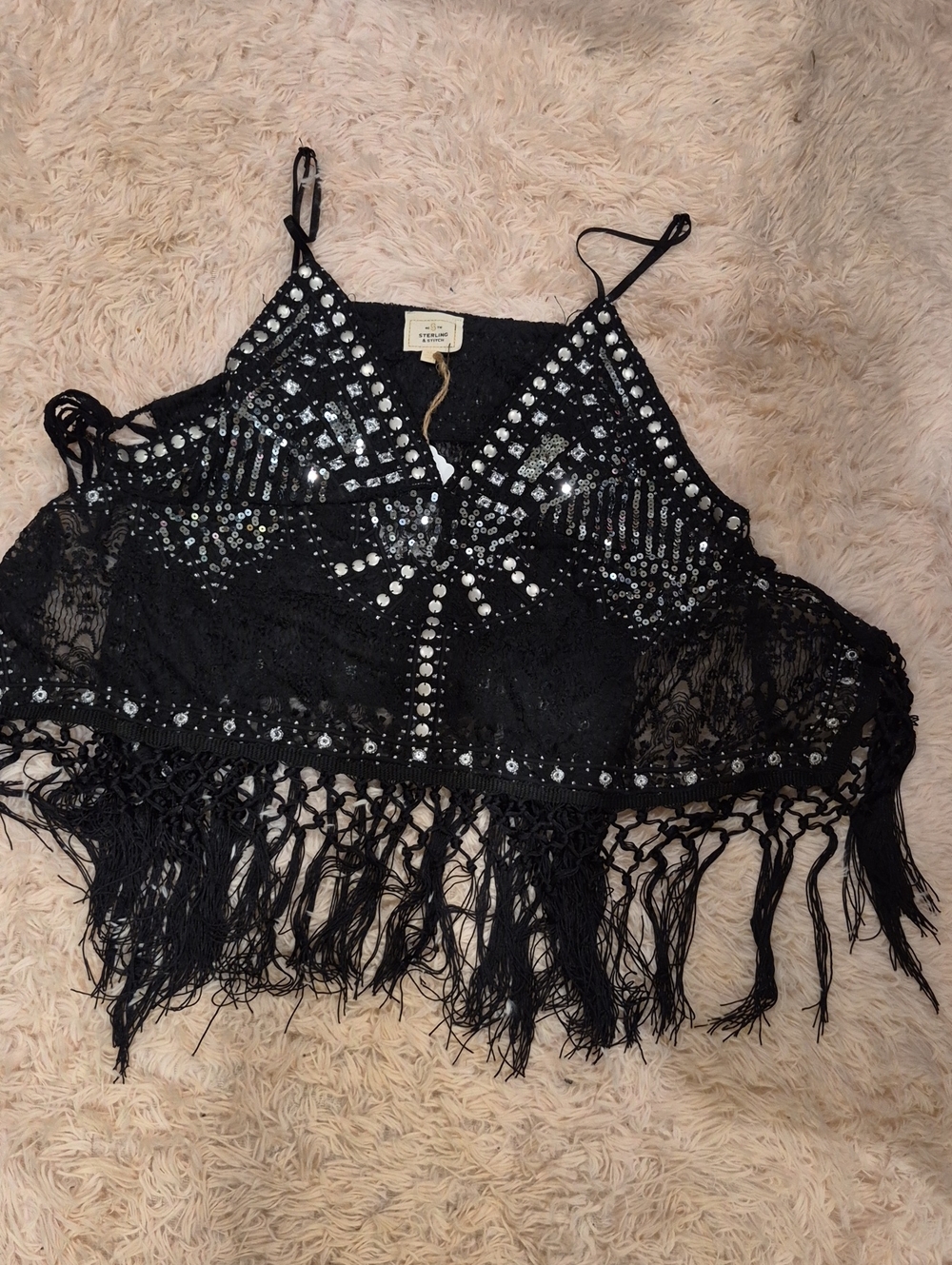 Black Sequin Fringe Lace Camisole Top